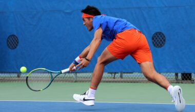 UF men’s tennis junior Tanapatt Nirundorn returns a ball during doubles play against the Auburn Tigers on Saturday, Feb. 22, 2025, at the Alfred A. Ring Tennis Complex in Gainesville, Fla. (Ella Thompson/WRUF)