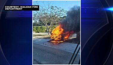 Car left destroyed after fire crews extinguish flames in Hialeah - WSVN 7News | Miami News, Weather, Sports