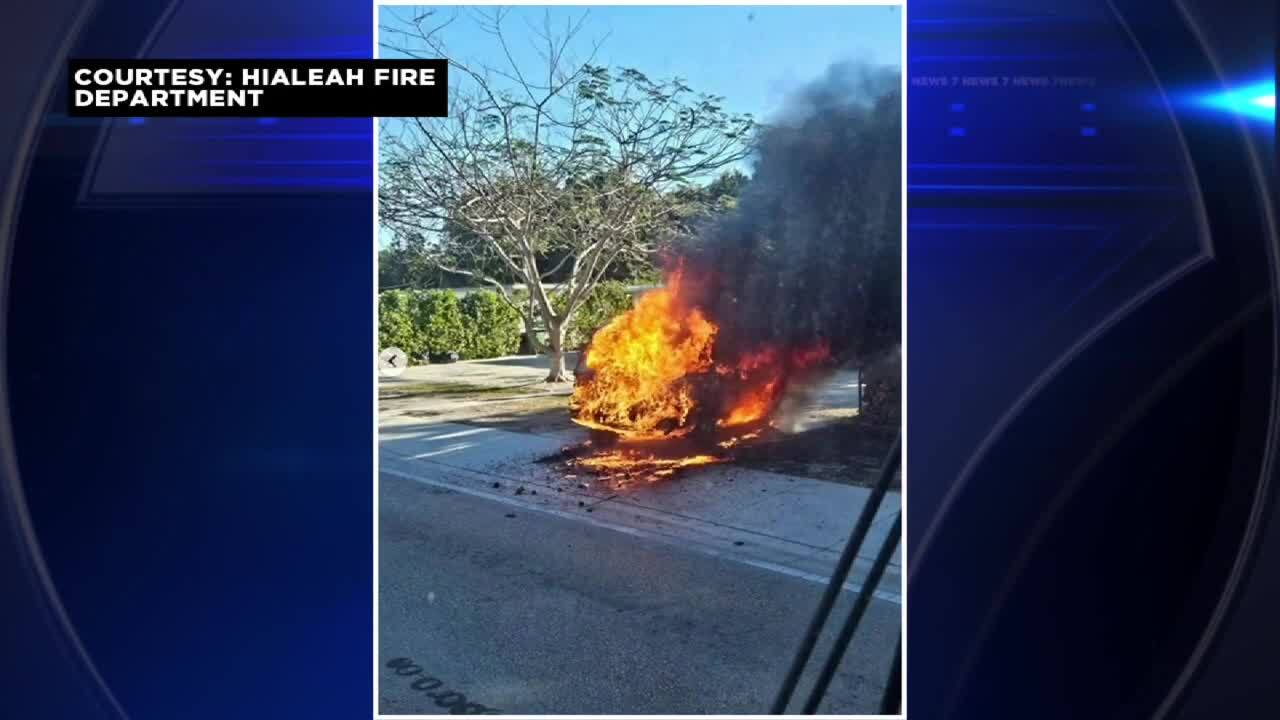 Car left destroyed after fire crews extinguish flames in Hialeah - WSVN 7News | Miami News, Weather, Sports