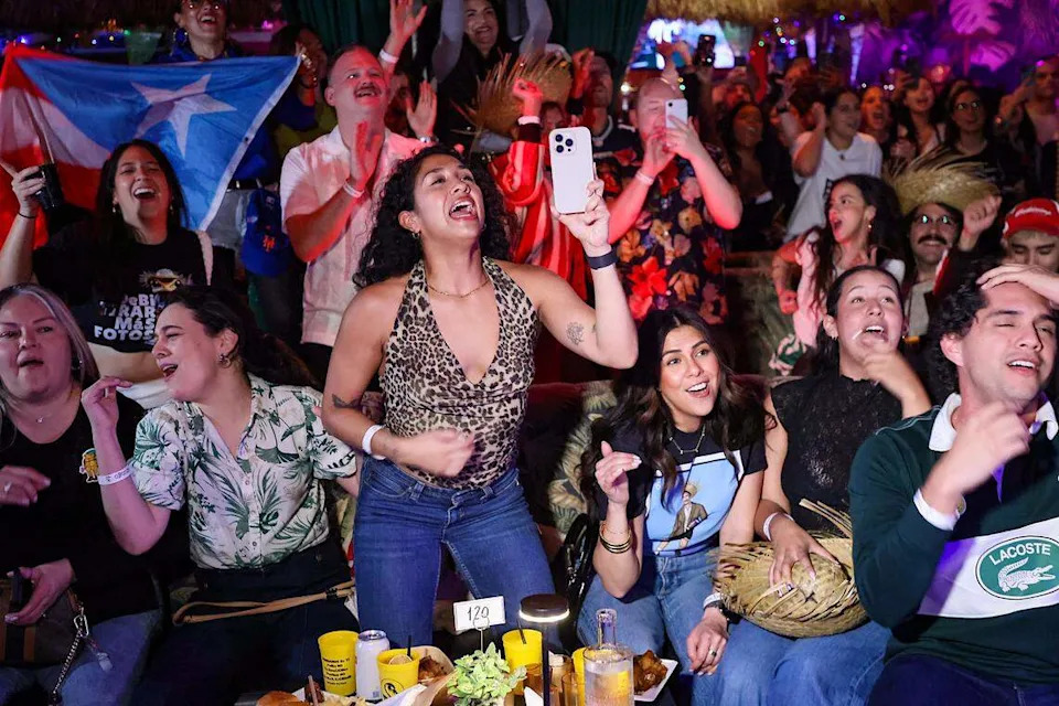The crowd dance and sings to Bad Bunny music between commercial breaks of the Super Bowl.