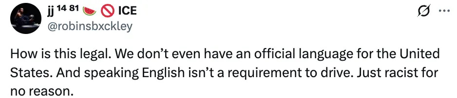 Tweet questioning the legality of having no official language in the U.S. and criticizing the requirement to speak English for driving as unnecessary