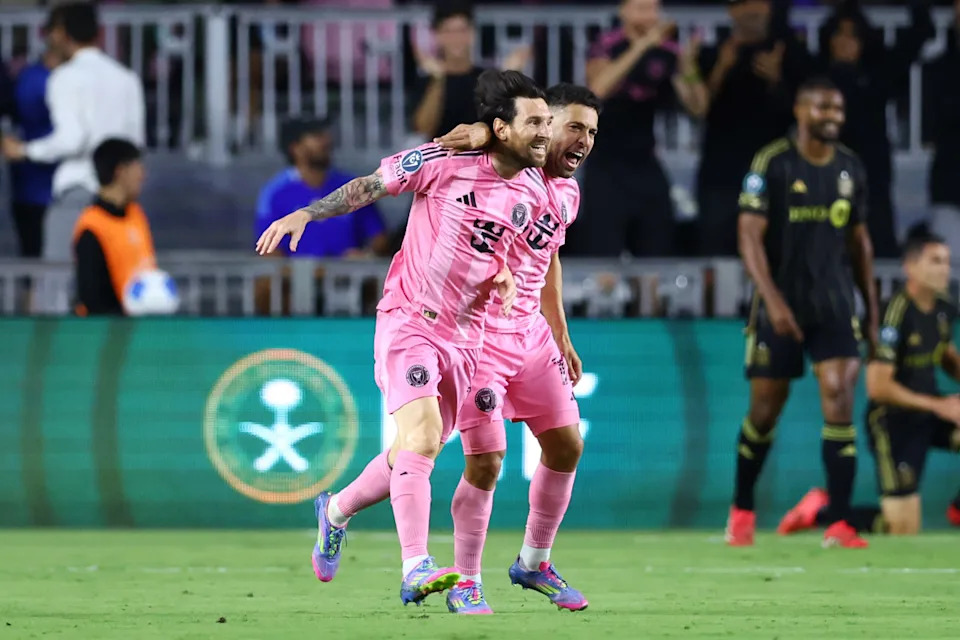 Lionel Messi #10 of Inter Miami CF celebrates after scoring the team's first goal during the CONCACAF Champions Cup 2025 Quarter-final second leg match between Inter Miami CF and Los Angeles Football Club at Chase Stadium on April 09, 2025 in Fort Lauderdale, Florida. (Photo by Megan Briggs/Getty Images)