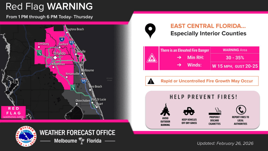 ‘Red Flag’ warning Thursday afternoon due to elevated fire danger – Orlando Sentinel