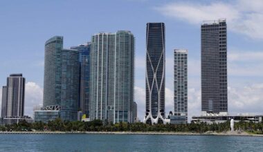 Miami Skyline view including the One Thousand Museum building (third from right) by the late Architect, Zaha Hadid. David and Victoria Beckham sold their luxury penthouse in the building for nearly $25 million.