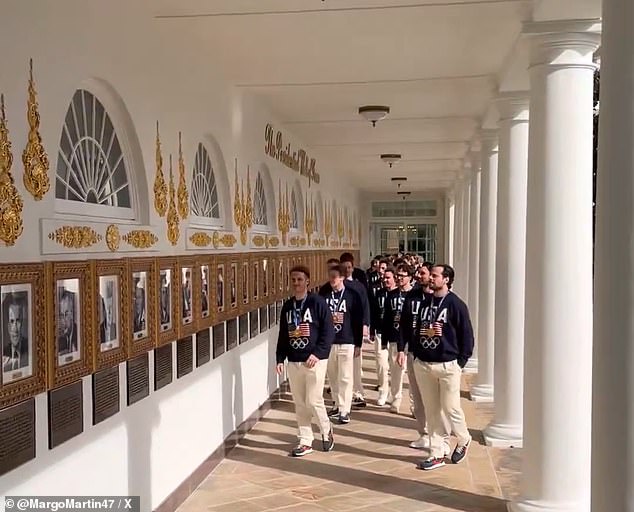 Team USA players take a passing interest in the newly installed Presidential Walk of Fame