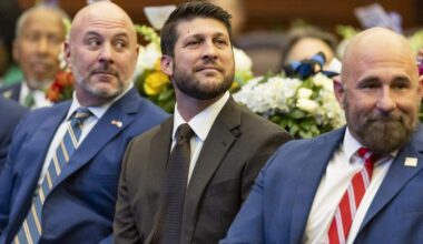 Florida Attorney General James Uthmeier, center, attends the first day of the 2026 legislative session at the Florida State Capitol on Tuesday, Jan. 13, 2026, in Tallahassee, Fla.