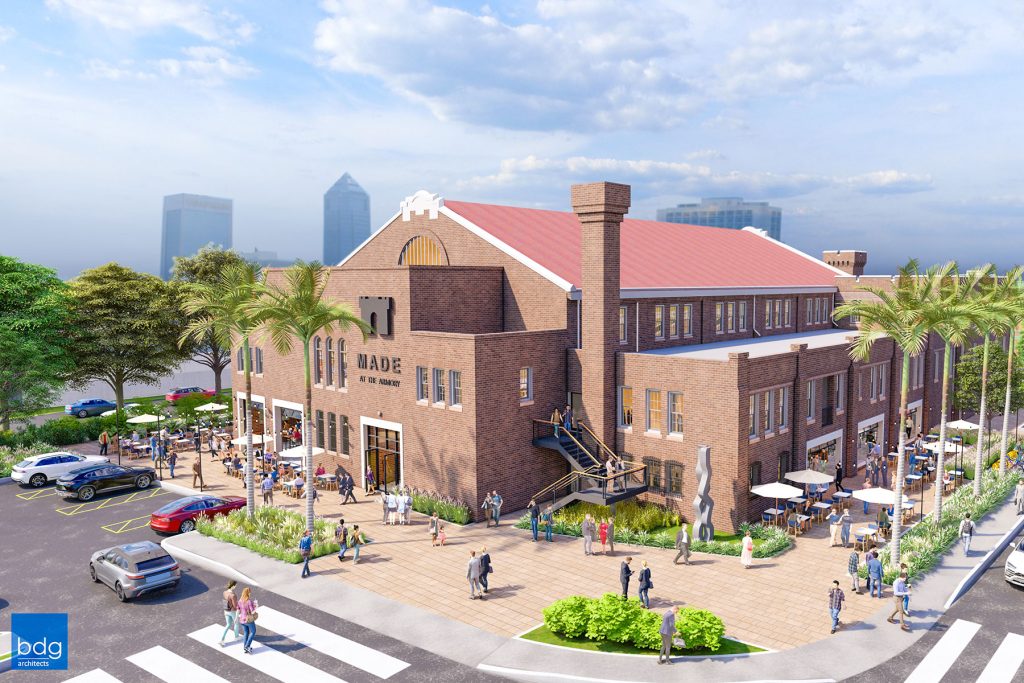 An exterior rendering of the renovated armory building.