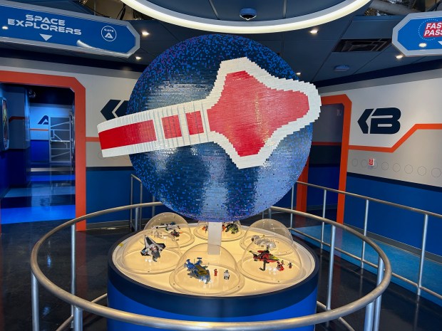 The first lobby of the new Galacticoaster includes Lego spaceship models, some of which are discontinued and difficult to find. The indoor roller coaster opens to the public Feb. 27. (Dewayne Bevil/Orlando Sentinel)