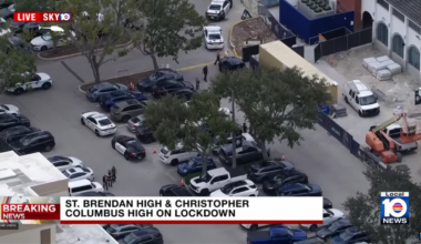 screenshot of outside of a high school, news coverage of a possible shooter on campus
