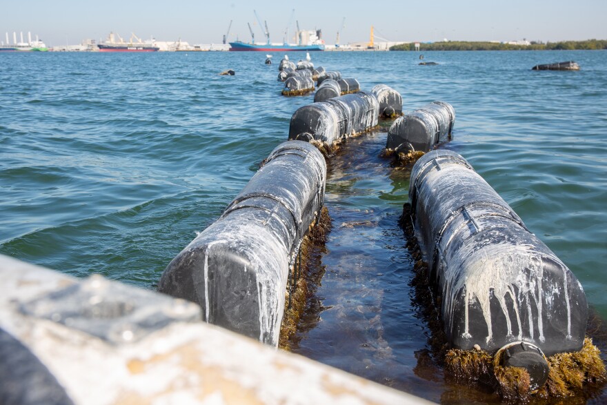 A close up of floating black plastic buoys with mesh oyster bags hanging under them in the water. In the background you can see Port Manatee. 