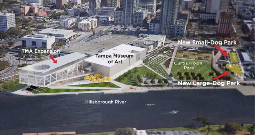 Aerial rendering of the Tampa Museum of Art’s future campus. The new museum expansion and dual dog parks are designed to coexist as active and accessible public spaces.