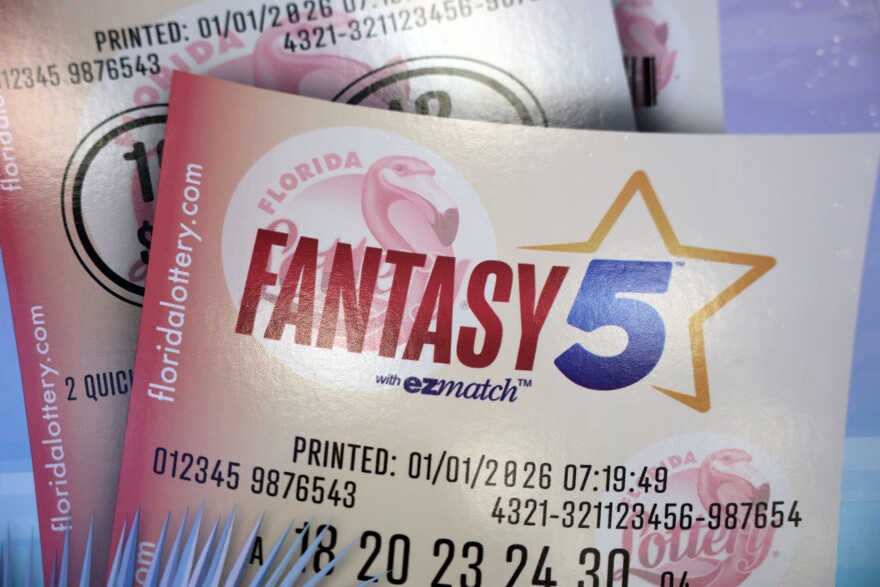 A Florida Lottery stand displays their logo in a Pilot Travel Center in Waldo, Fla. on Monday, Feb. 2, 2026.. The flamingo has been a key component of the Florida Lottery's branding since 1988. Legistators are considering the flamingo to replace the mockingbird as Florida's state bird for the third year in a row. (Kaley Mantz/Fresh Take Florida)