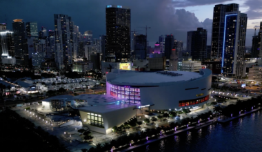 aerial view of Miami's Kaseya Center arena with the city skyline behind it