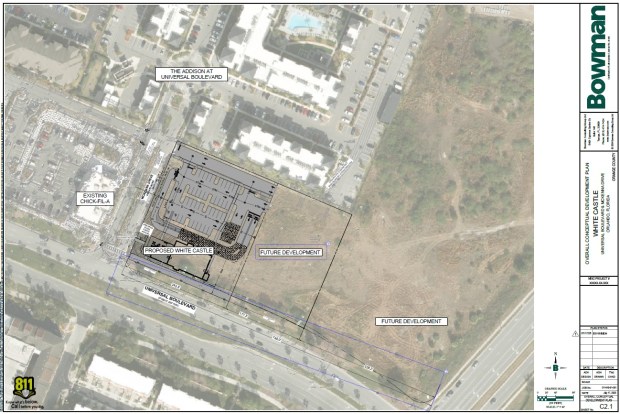 Plans for a White Castle restaurant on land at the corner of Universal Avenue and McKenna Drive. filed in July 2025 with Orange County. The project was withdrawn in October 2025.  The 2.6-acre parcel of land near the Epic Universe theme park was sold at the end of January for $9 million. (Courtesy of Orange County)