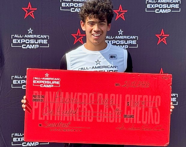 Overall MVP West Orange junior quarterback AJ Chung was presented with a $100 scholarship donation check at the 2026 Orlando All-American Exposure Camp, Saturday, Feb. 14, 2026, at West Orange High School. (Chris Hays/Orlando Sentinel)