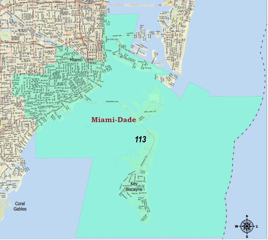 A map of Florida House District 113 which includes the northern portion of Coconut Grove as well as Shenandoah, Silver Bluff and Key Biscayne.