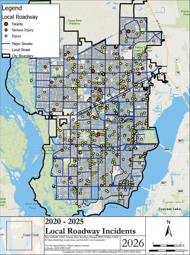City of Cape Coral chart shows residential street crash sites, outside of major roads