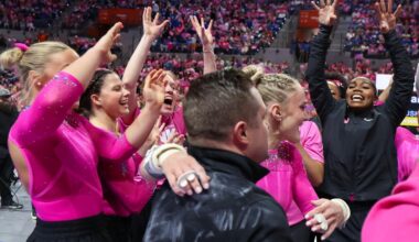 during the Gators' meet against the Sooners on Friday, February 13, 2026 at Exactech Arena at the Stephen C. O'Connell Center in Gainesville, FL / UAA Communications photo by Hannah White