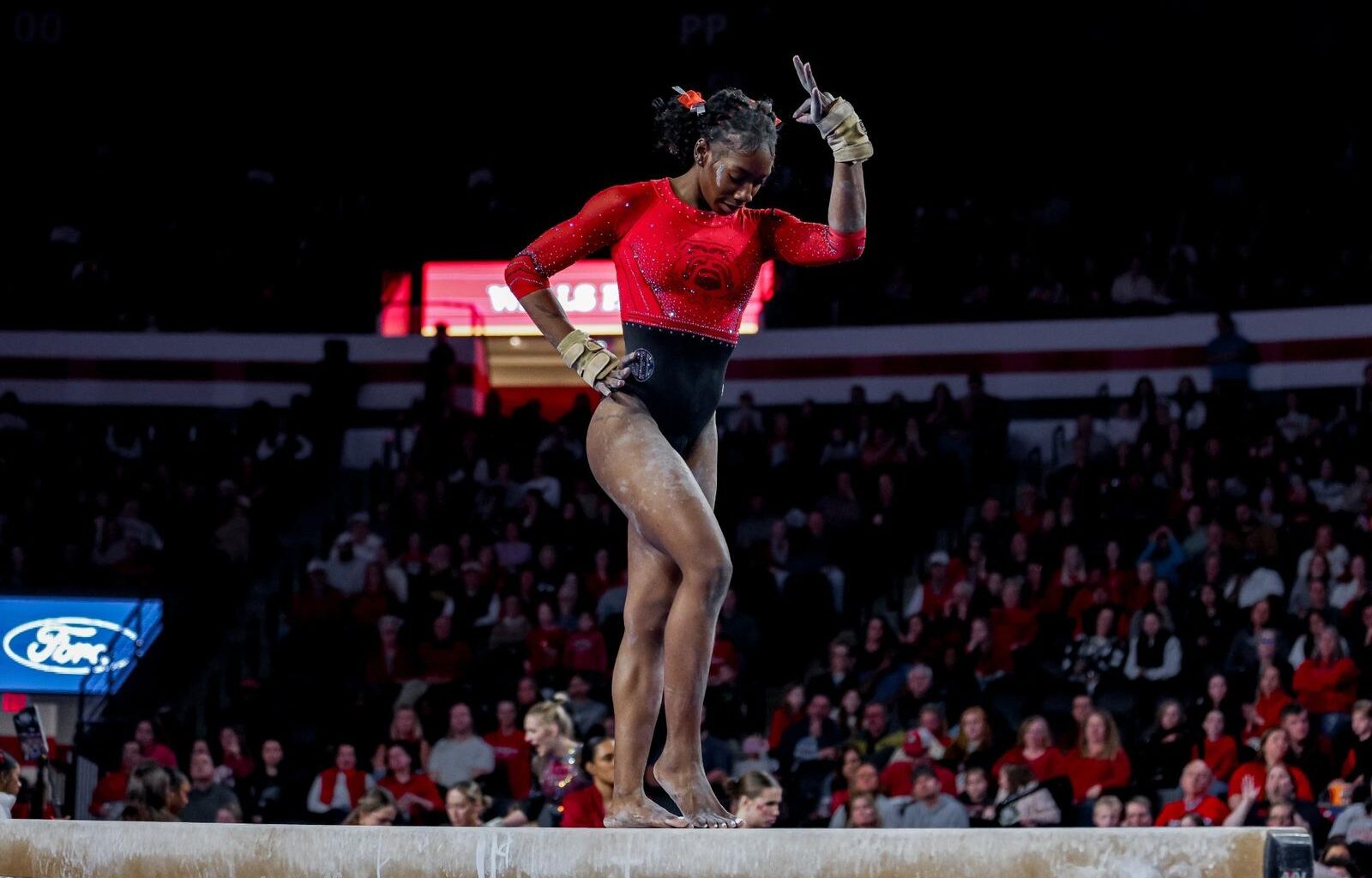Georgia gymnast Lily Smith after Georgia’s quad meet against Temple, Fisk, and Central Michigan at Stegeman Coliseum in Athens, Ga., on Friday, Jan. 30, 2026. (Conor Dillon/UGAAA)