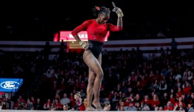 Georgia gymnast Lily Smith after Georgia’s quad meet against Temple, Fisk, and Central Michigan at Stegeman Coliseum in Athens, Ga., on Friday, Jan. 30, 2026. (Conor Dillon/UGAAA)