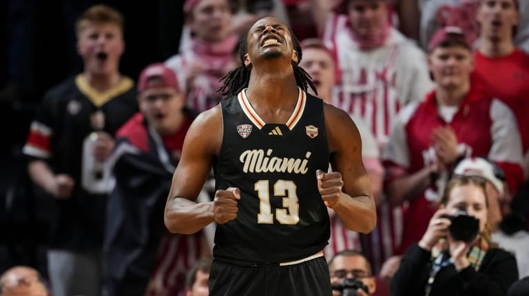 Miami (Ohio) forward Antwone Woolfolk reacts during the first half...