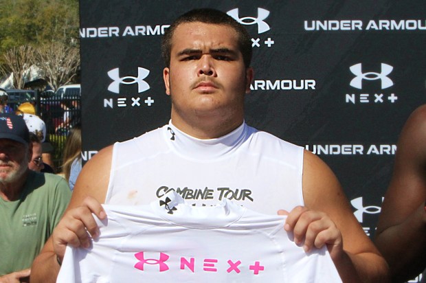 Offensive line co-MVP Fenway Cochrane, 2027, of East Ridge at the 2026 Orlando Under Armour Combine, Saturday, Feb. 22, 2026, at Bishop Moore Catholic High School. (Chris Hays/Orlando Sentinel)
