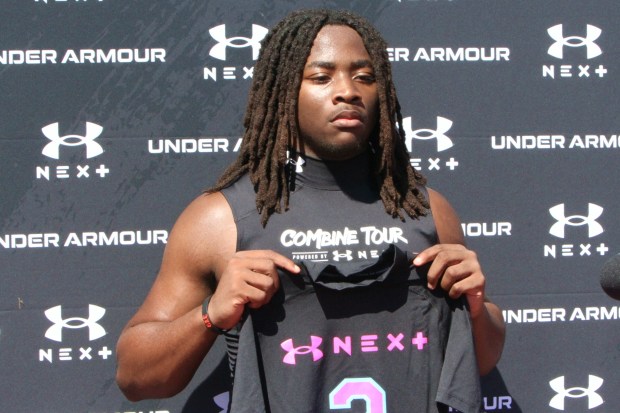 Linebackers co-MVP Troy Turner, 2027, of Lake Mary at the 2026 Orlando Under Armour Combine, Saturday, Feb. 22, 2026, at Bishop Moore Catholic High School. (Chris Hays/Orlando Sentinel)