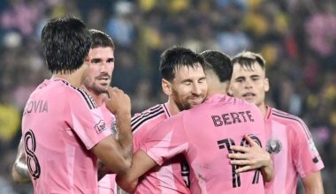Inter Miami's Argentine forward #10 Lionel Messi (C) celebrates scoring his team's first goal during the friendly football match between Ecuador's Barcelona and the US' Inter Miami at the Banco Pichincha Stadium in Guayaquil, Ecuador, on February 7, 2026. (Photo by Marcos PIN / AFP via Getty Images)