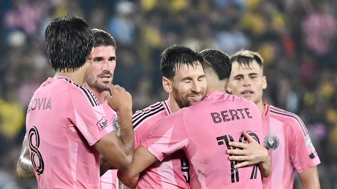 Inter Miami's Argentine forward #10 Lionel Messi (C) celebrates scoring his team's first goal during the friendly football match between Ecuador's Barcelona and the US' Inter Miami at the Banco Pichincha Stadium in Guayaquil, Ecuador, on February 7, 2026. (Photo by Marcos PIN / AFP via Getty Images)