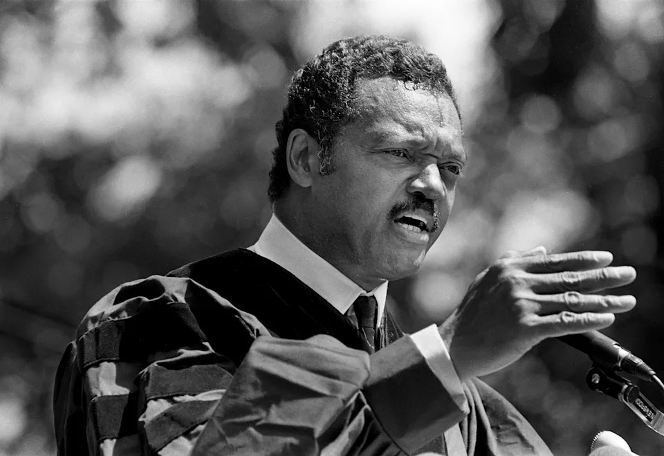 The Rev. Jesse Jackson, the commencement speaker, challenges the 80 undergraduate and graduate students receiving their degrees during Fisk University graduation ceremony on campus on May 14, 1990.