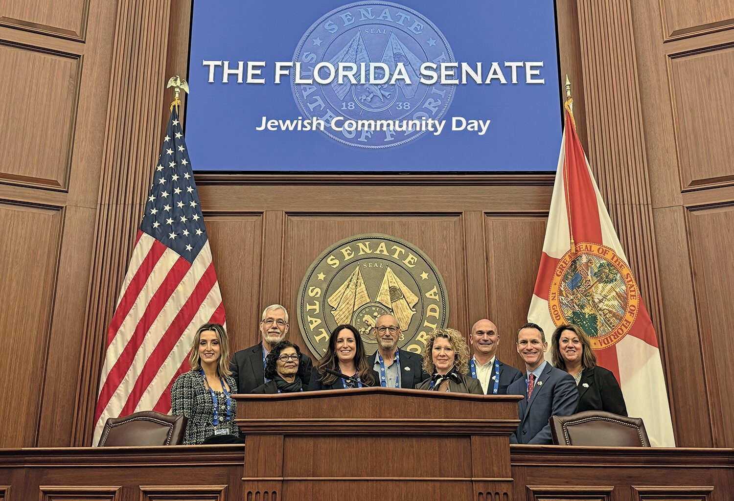 Members of Tampa’s and Gulf Coast’s delegations in the Senate chamber (L-R): Jennifer Feld, Eric Pastman, Chandaye Pastman, Emily Eisenberg, Steven Schwersky, Carolyn Fink, Stuart Berger, Joe Probasco and Pamela Garron.