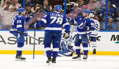 Tampa Bay Lightning right wing Nikita Kucherov (86) celebrates his goal against the Toronto Maple Leafs with center Gage Goncalves (93) and defenseman Emil Lilleberg (78) during the third period of an NHL hockey game Wednesday, Feb. 25, 2026, in Tampa, Fla. (AP Photo/Chris O'Meara)