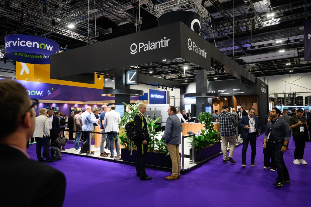 The Palantir exhibition stand at the DSEI event in London, England.