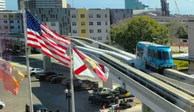 A Skyway train on the elevated track.