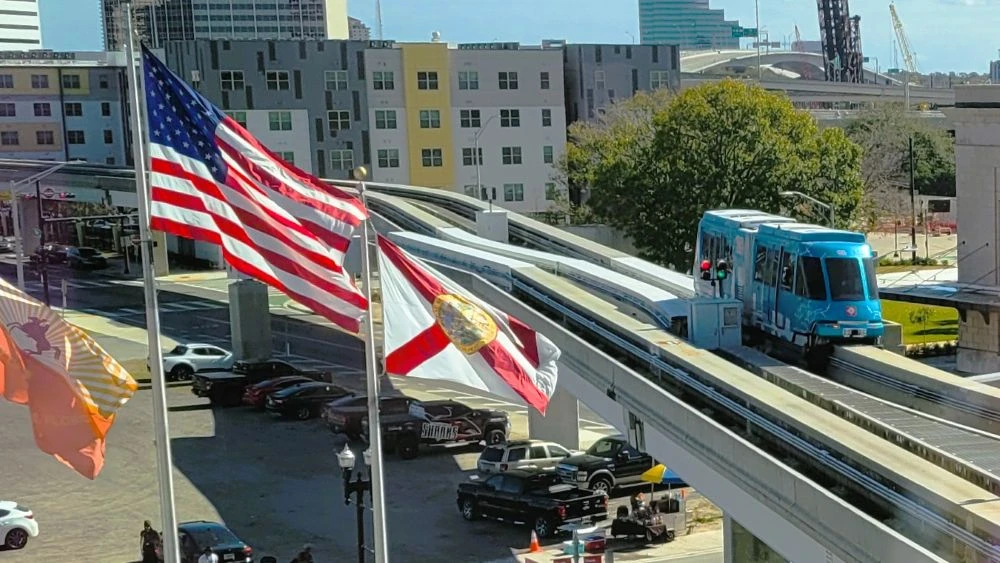 A Skyway train on the elevated track.
