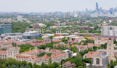 an aerial image of the University of Chicago campus with the city in the background