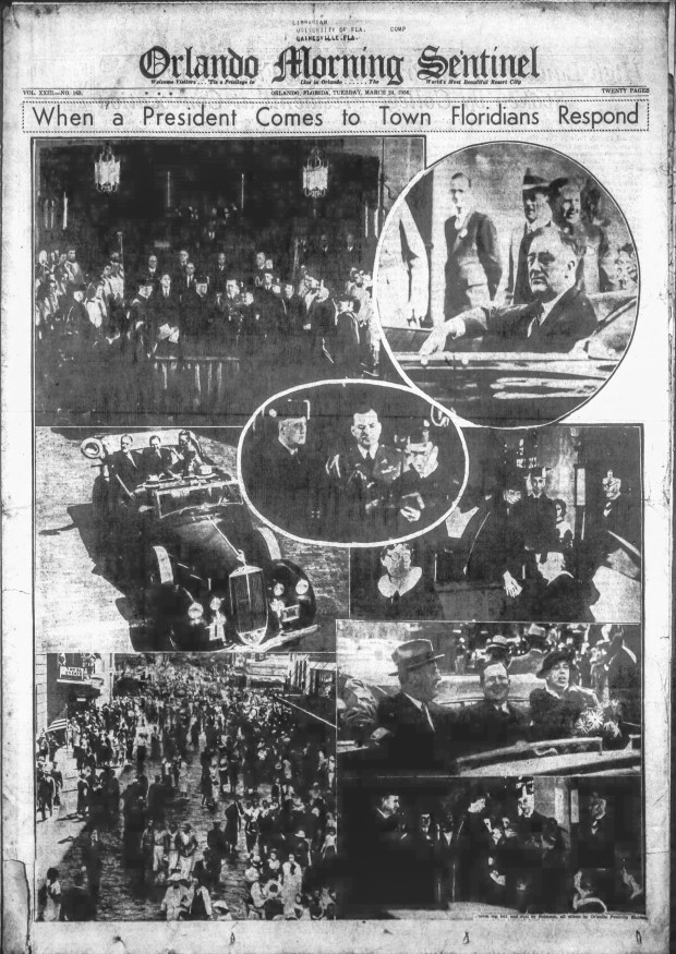The front page of the Orlando Morning Sentinel on March 24, 1936 is devoted to the visit of President Franklin D. Roosevelt. (Sentinel file)