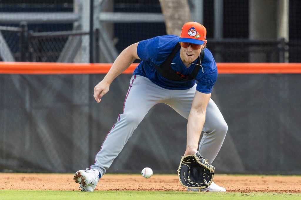 New York Mets Third Baseman Brett Baty fields grounders at first base during Spring Training at Clover Field, Sunday, Feb. 15, 2026, in Port St. Lucie, FL. 