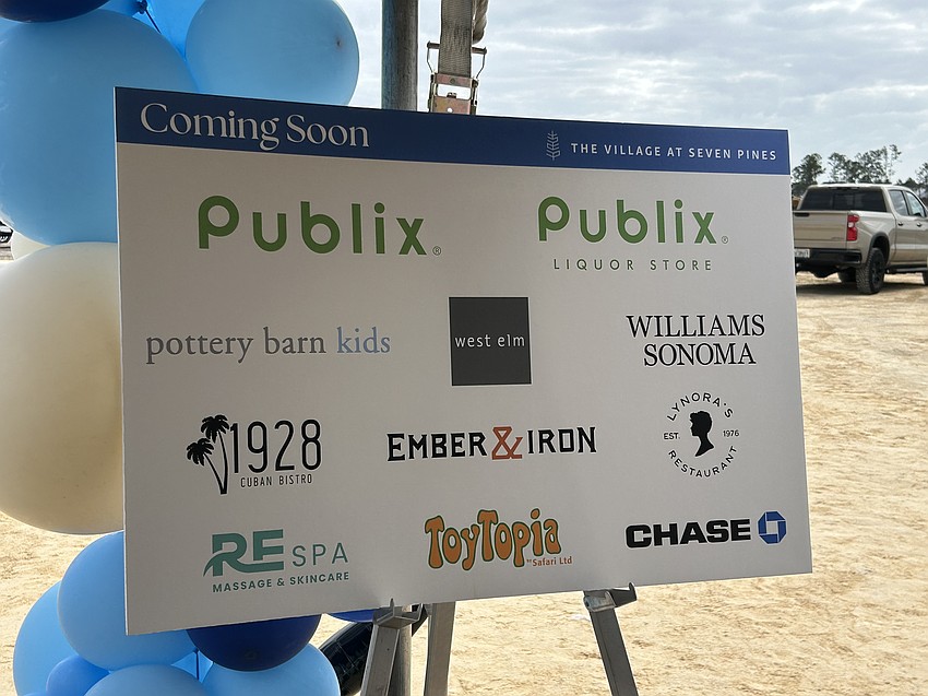 Regency Centers is developing the Village at Seven Pines, which will be anchored by Publix and include tenants 1928 Cuban Bistro, Chase Bank, St. Augustine-based Ember & Iron, Pottery Barn Kids, RE Spa, ToyTopia and Williams Sonoma.