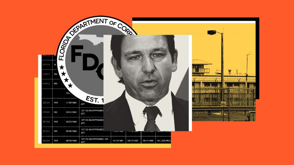 A digital collage on a solid orange background featuring four layered elements. In the center is a grayscale close-up portrait of a person with short dark hair, wearing a suit and patterned tie. Behind the portrait to the left is a circular seal for the "Florida Department of Corrections" with the letters "FDC." Below the seal is a black-and-white spreadsheet containing columns of dates, abbreviations like "WM" and "BM," and text fragments such as "1ST DG MUR/PREMED." To the right of the portrait is a yellow-toned photograph of a prison facility featuring a tall chain-link fence topped with barbed wire, a guard tower, and a tall utility pole.