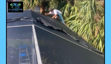 Pool Screen Repair in Cape Coral, FL - All Screening of SWFL. An All Screening of SWFL technician performs professional pool screen repair at a Cape Coral, Florida home, carefully installing new mesh screening on a residential pool enclosure. The skilled