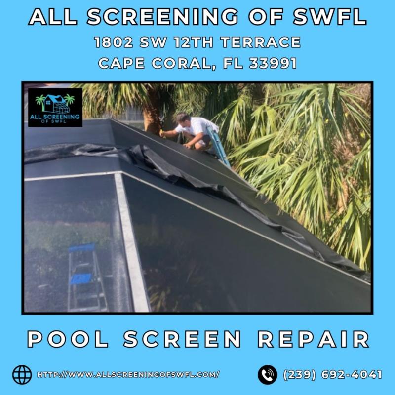 Pool Screen Repair in Cape Coral, FL - All Screening of SWFL. An All Screening of SWFL technician performs professional pool screen repair at a Cape Coral, Florida home, carefully installing new mesh screening on a residential pool enclosure. The skilled