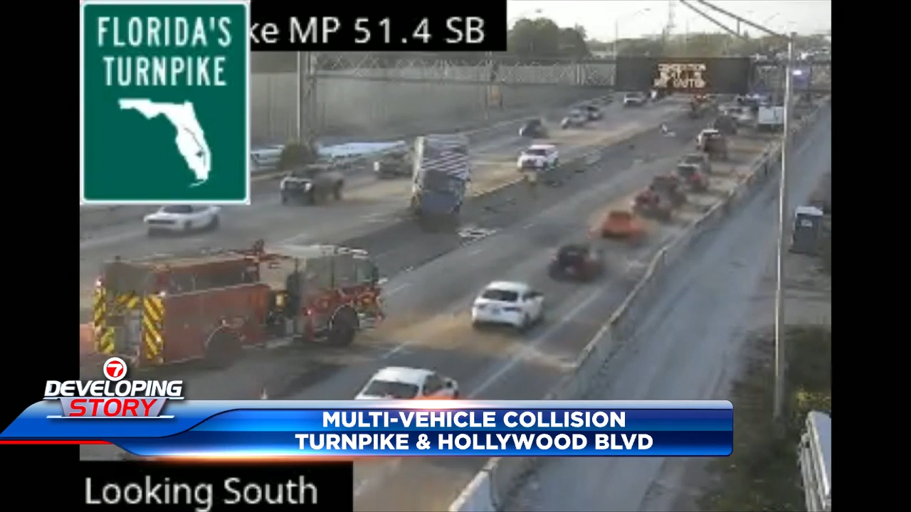 1 hospitalized after multi-vehicle collision on Florida Turnpike near Hollywood Boulevard exit - WSVN 7News | Miami News, Weather, Sports