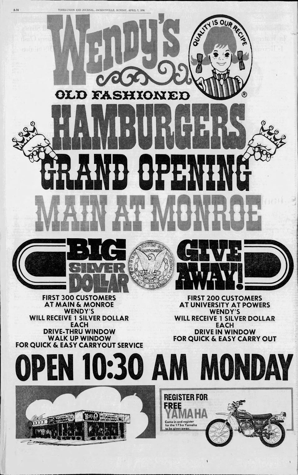 An ad for the grand opening of a Wendy's restaurant in The Florida Times-Union on April 7, 1974.