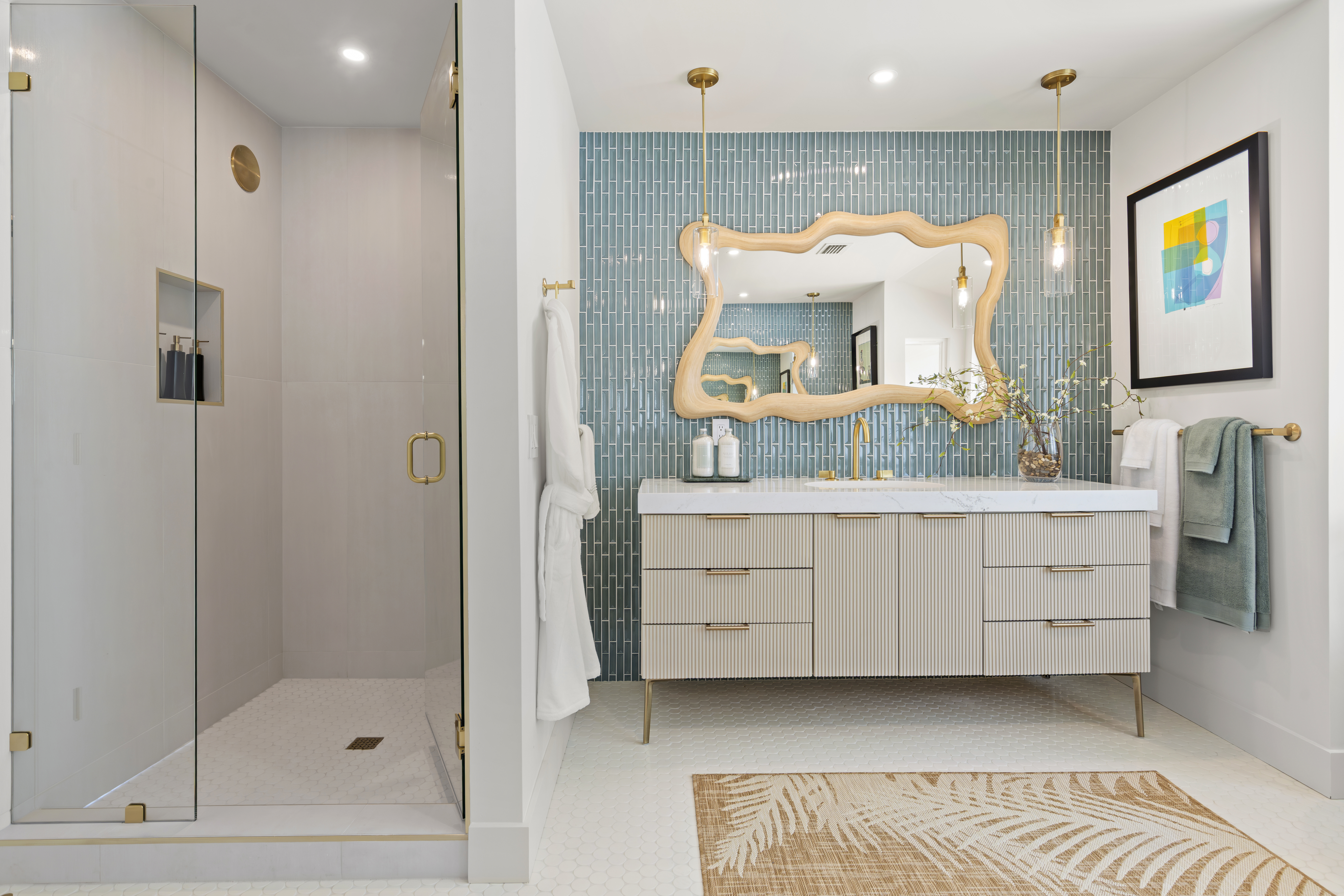 A view of the primary bathroom in the home at...