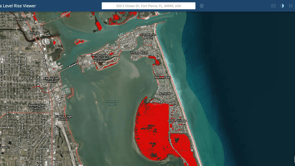 This is a flood map illustrating the high tide flood zones near South Beach, Fort Pierce (NOAA){p}{/p}