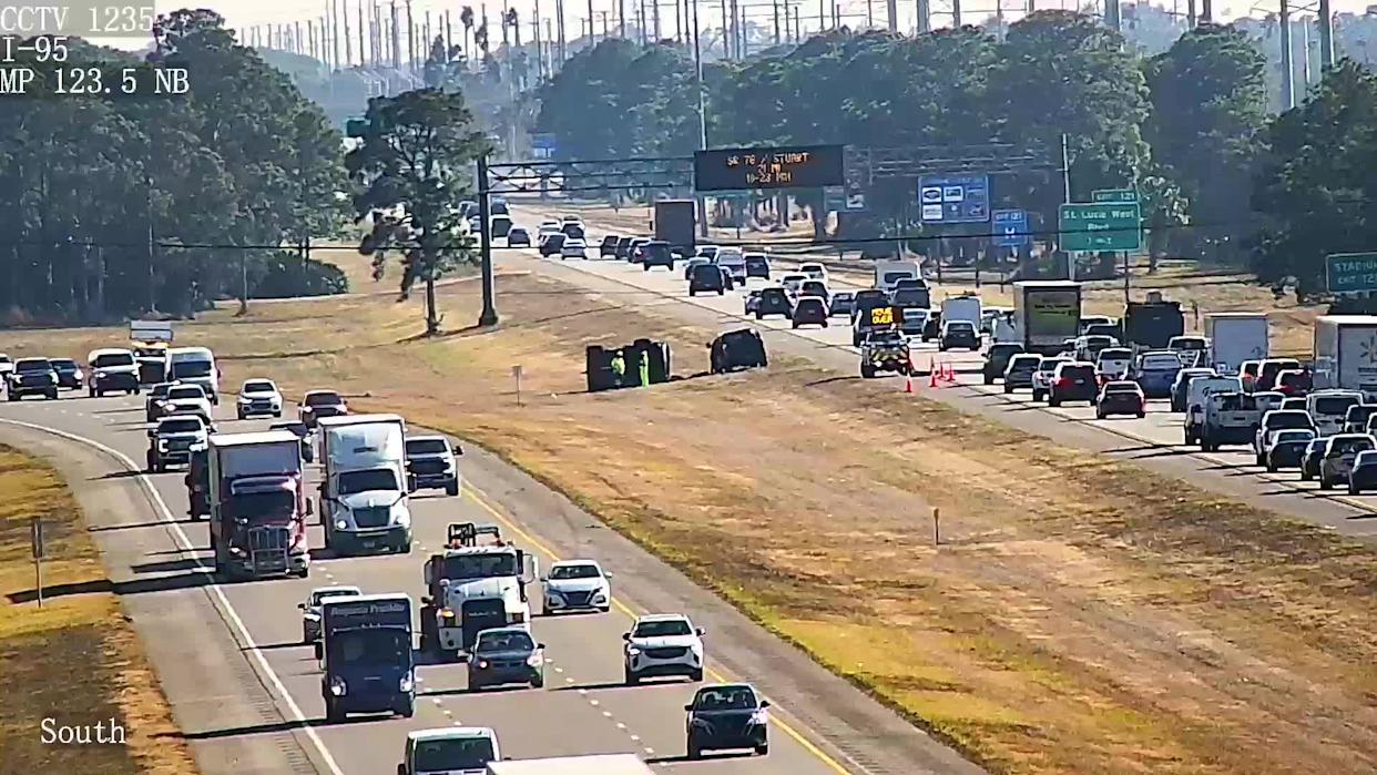 A single-vehicle crash occurred about 3 p.m. Feb. 5, 2026, on southbound I-95 when a black Chevrolet SUV rolled over into the grassy median.