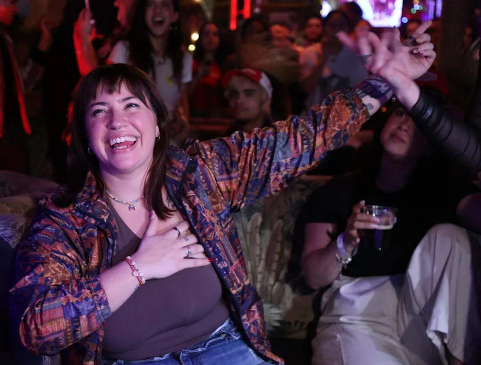 The crowd dance and sings to Bad Bunny music between commercial breaks of the Super Bowl.