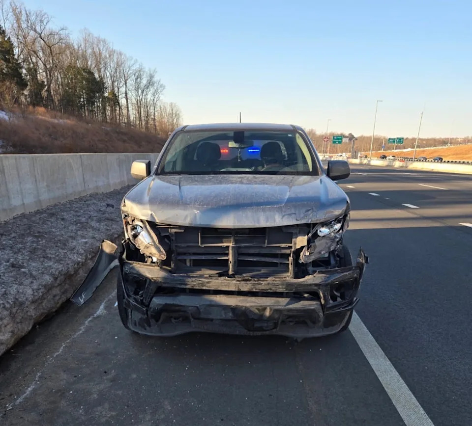 Virginia State Police have arrested the driver of this pick-up truck involved in a series of hit-and-runs Feb. 14, 2026 on Interstate 95 between Petersburg and Spotsylvania, just south of Fredericksburg.
