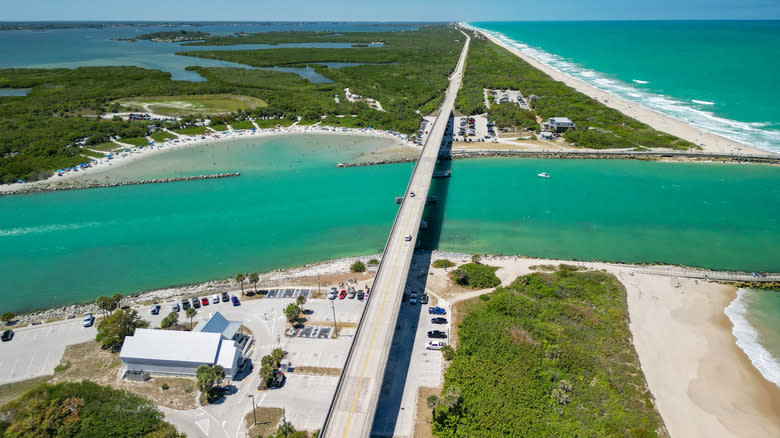 Aerial view of the Indian River Lagoon and state park in Sebastian, Florida